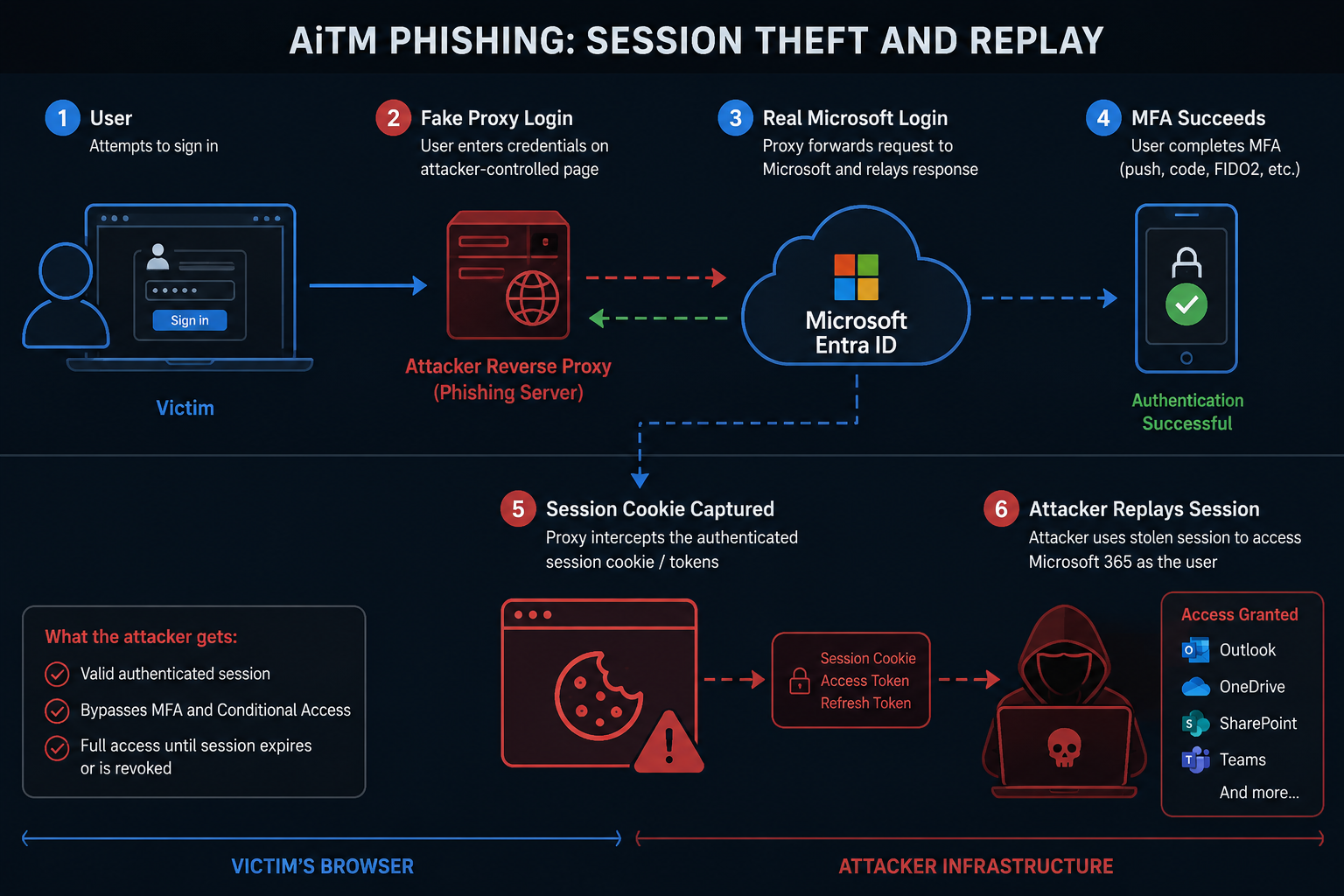 AiTM Phishing: Session Theft and Replay — 6-step attack chain from victim browser to attacker infrastructure