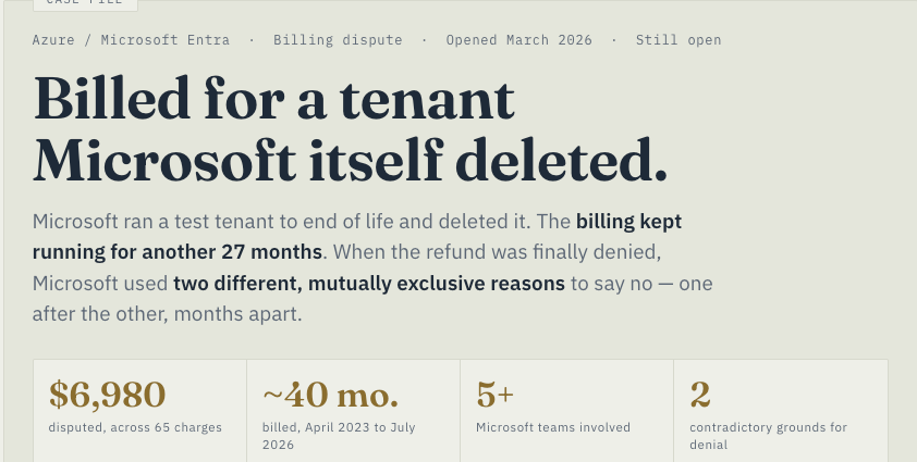 The Ghost Tenant Invoice — $6,980 disputed across 65 charges, ~40 months billed, 5+ Microsoft teams involved, 2 contradictory grounds for denial